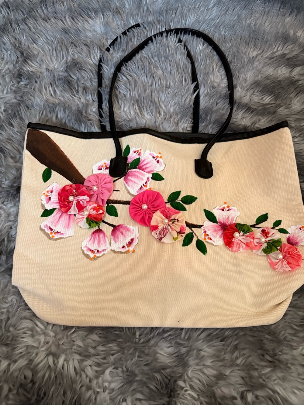Hand Painted Canvas Floral Applique Tote Bag - Pink Flowers